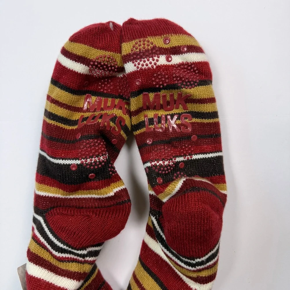 Muk Luks Cozy Cabin Women Slipper Socks Red Striped Faux Shearling Lining L/XL